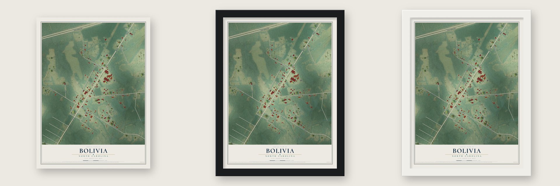 Bolivia, North Carolina map unframed, in a black wood frame and in a white wood frame