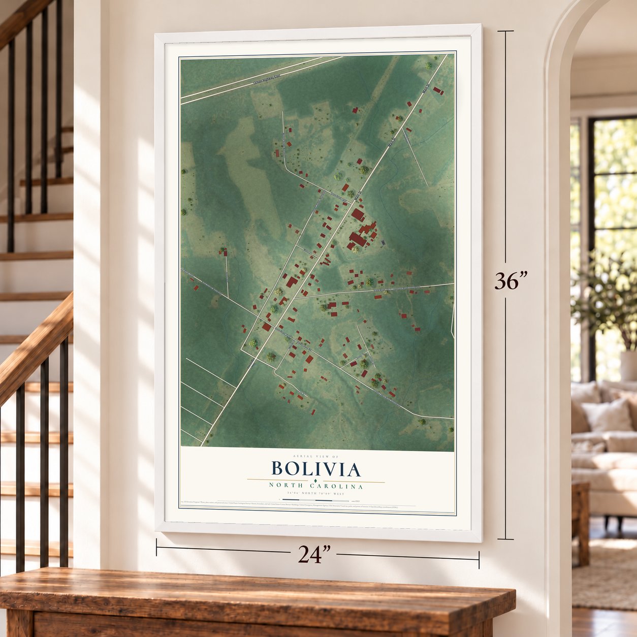 Bolivia, North Carolina map, 24 x 36 inch print in a white frame by a staircase