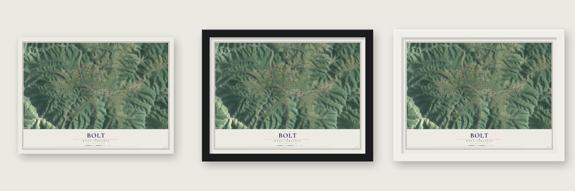 Bolt, West Virginia map unframed, in a black wood frame and in a white wood frame