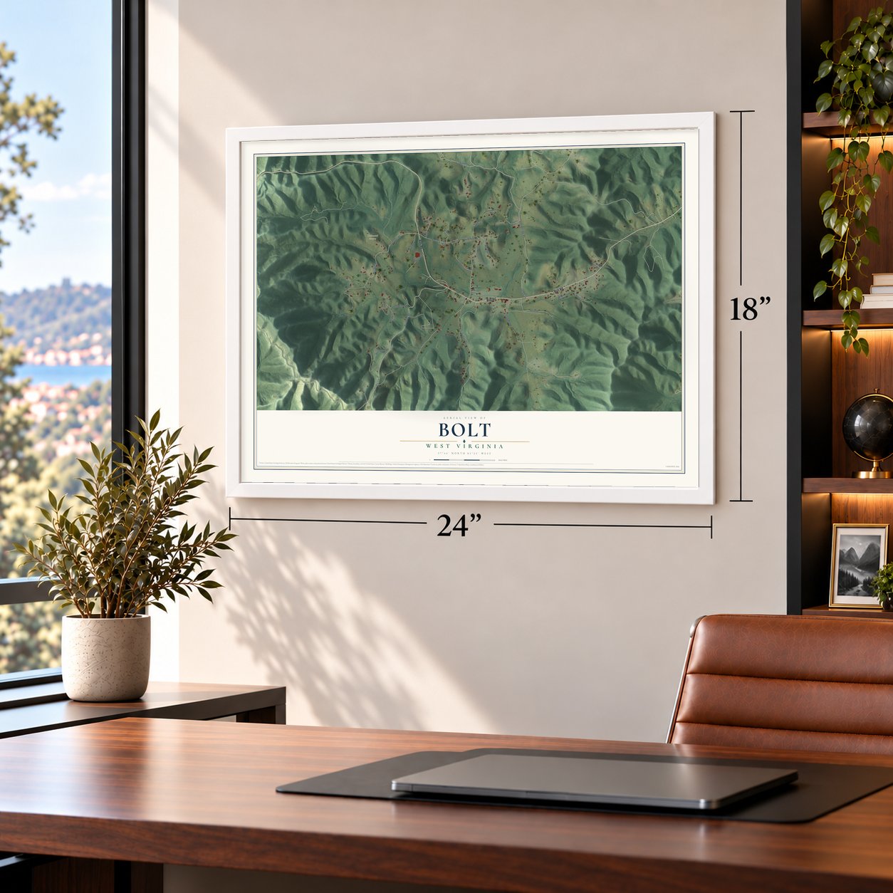 Bolt, West Virginia map, 18 x 24 inch print in a white frame in a home office