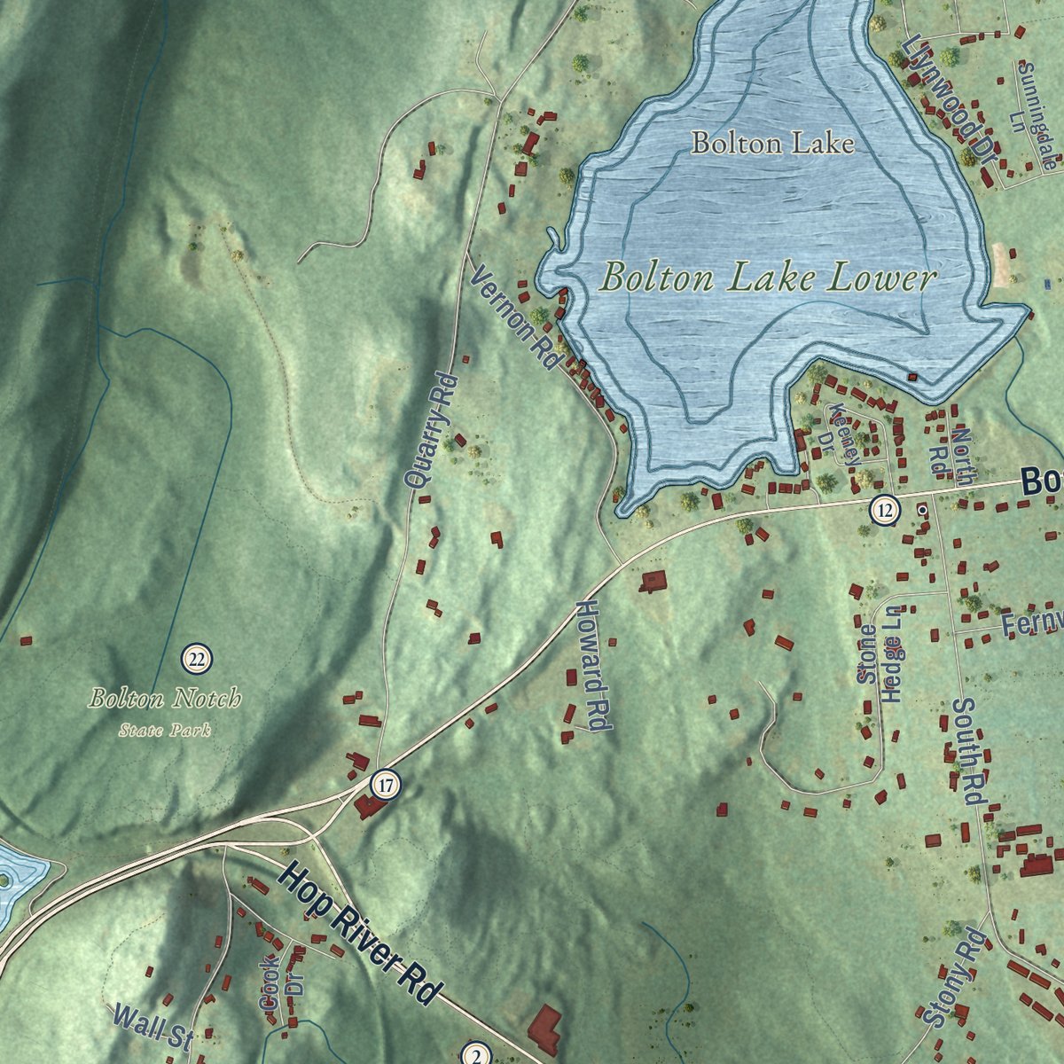 Second close-up of the map of Bolton, Connecticut print showing more streets and buildings