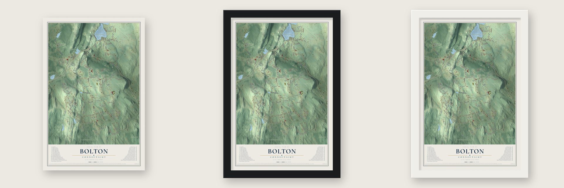 Bolton, Connecticut map unframed, in a black wood frame and in a white wood frame