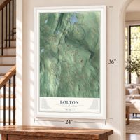 Bolton, Connecticut map, 24 x 36 inch print in a white frame by a staircase