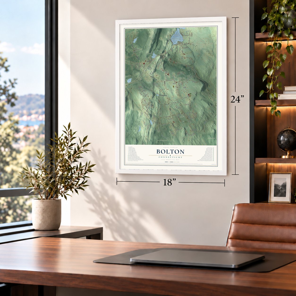 Bolton, Connecticut map, 18 x 24 inch print in a white frame in a home office