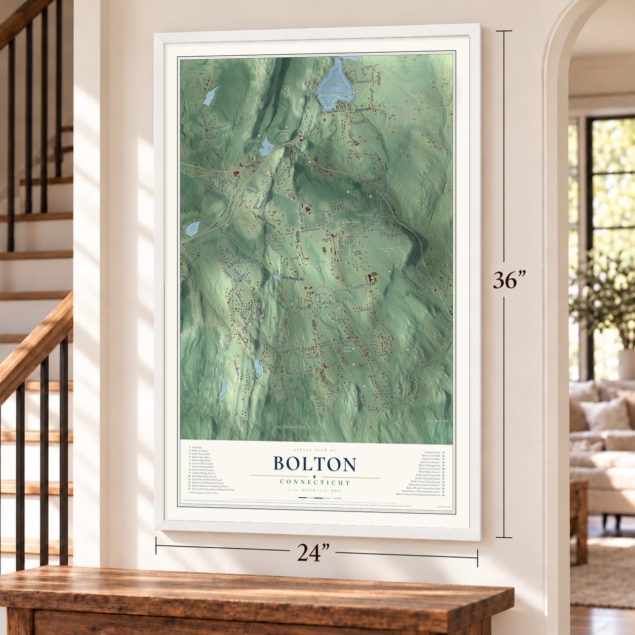Bolton, Connecticut map, 24 x 36 inch print in a white frame by a staircase