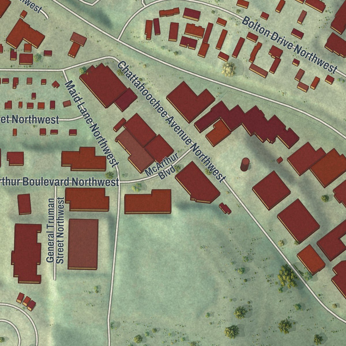 Second close-up of the map of Bolton, Georgia print showing more streets and buildings