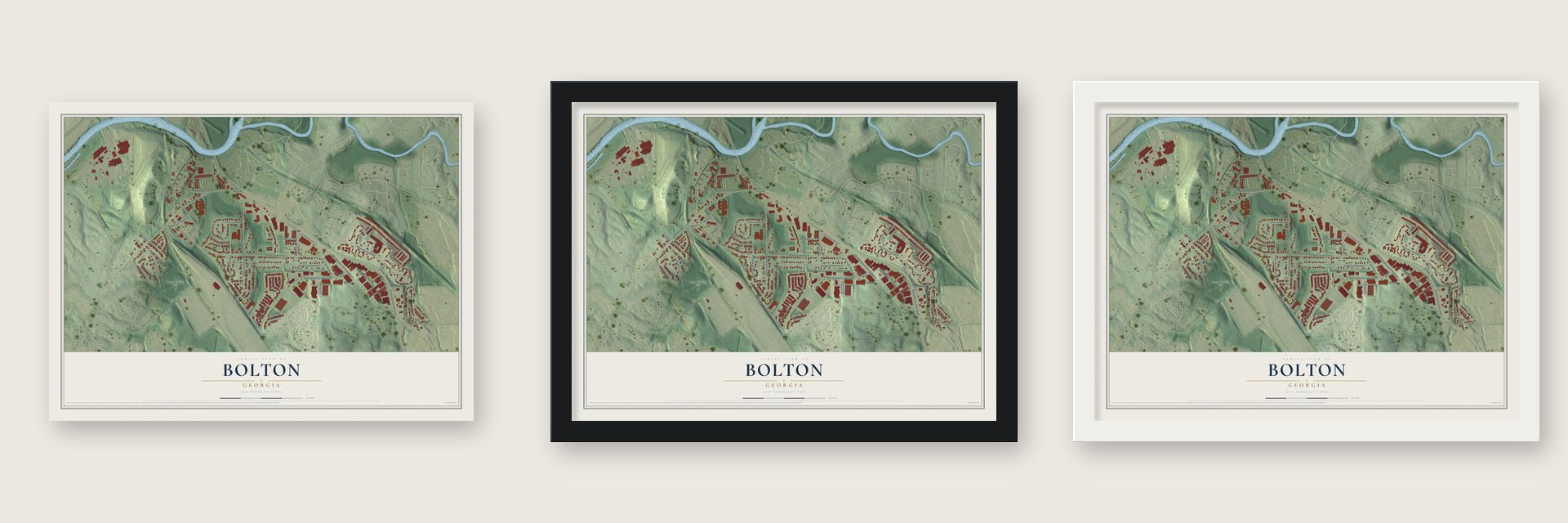 Bolton, Georgia map unframed, in a black wood frame and in a white wood frame