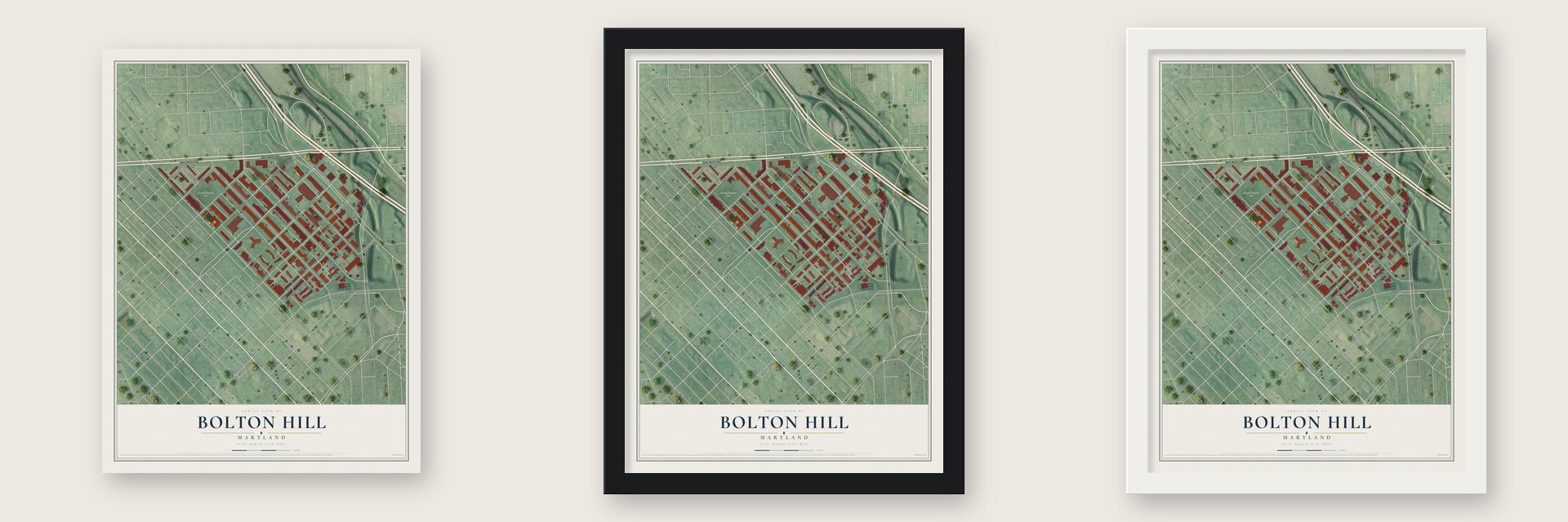 Bolton Hill, Maryland map unframed, in a black wood frame and in a white wood frame