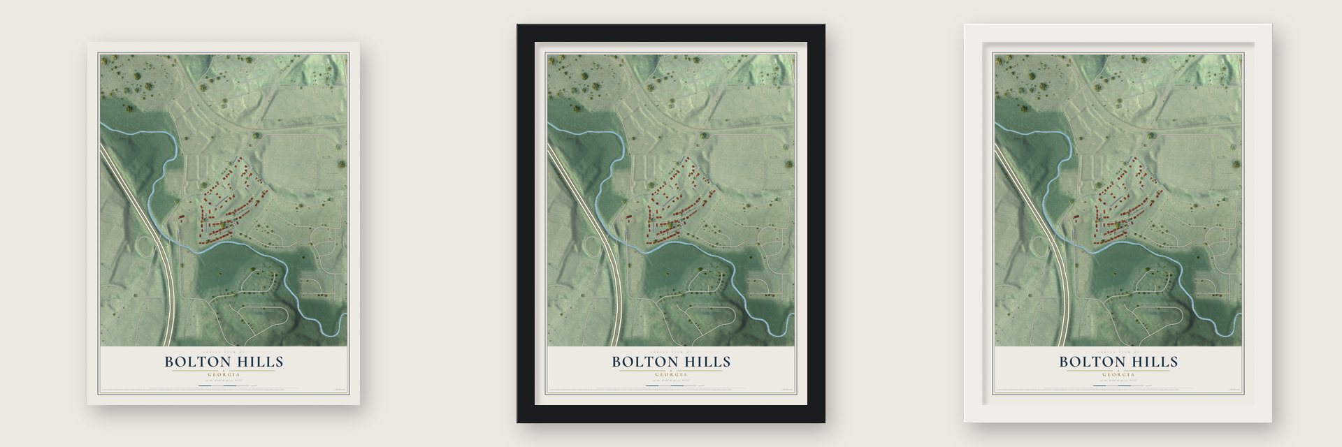 Bolton Hills, Georgia map unframed, in a black wood frame and in a white wood frame