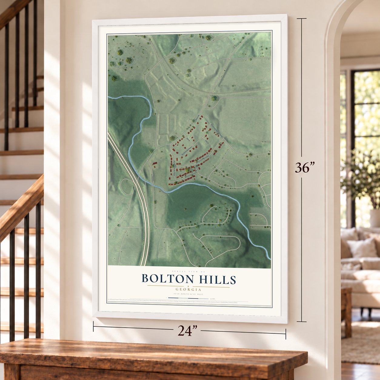 Bolton Hills, Georgia map, 24 x 36 inch print in a white frame by a staircase
