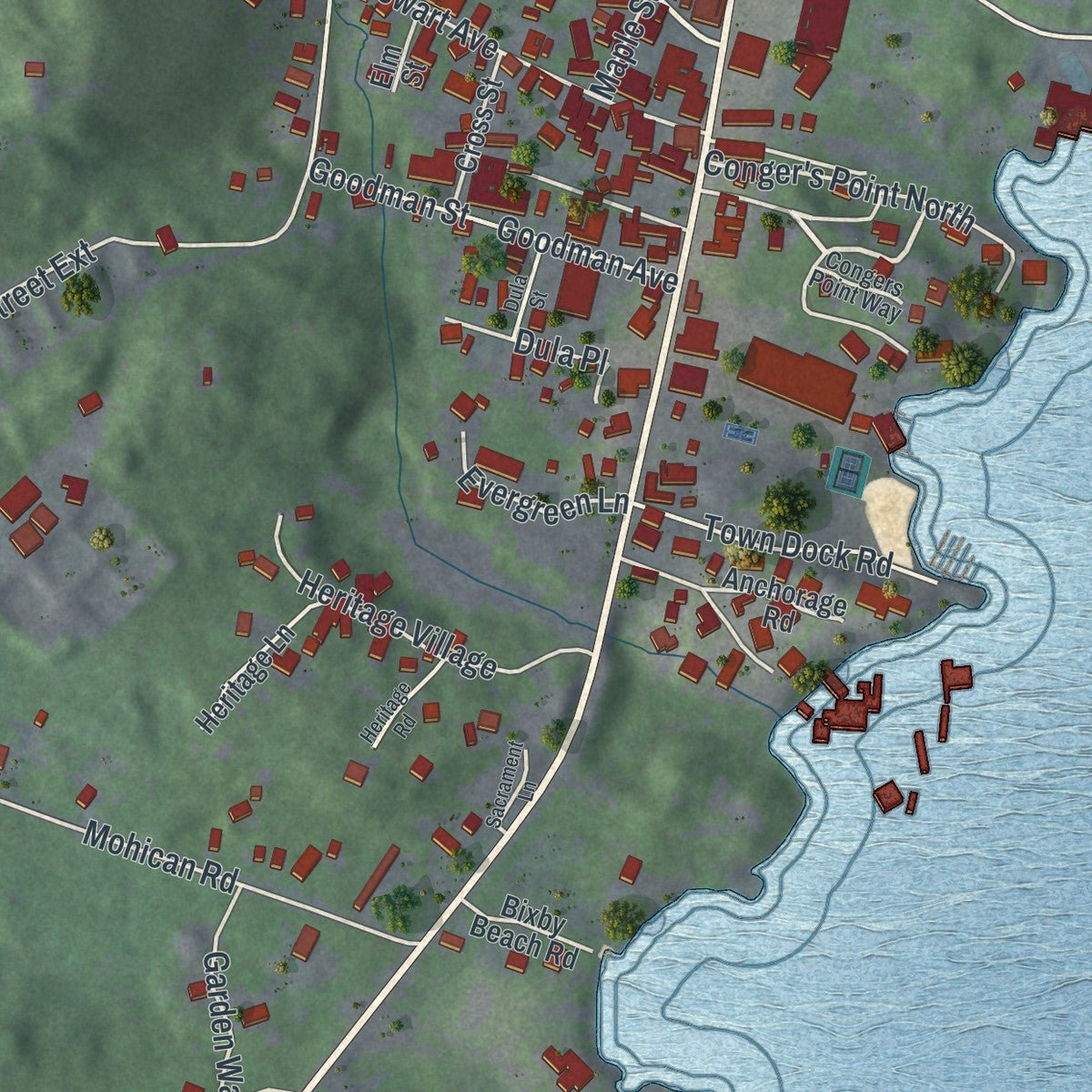 Second close-up of the map of Bolton Landing, New York print showing more streets and buildings