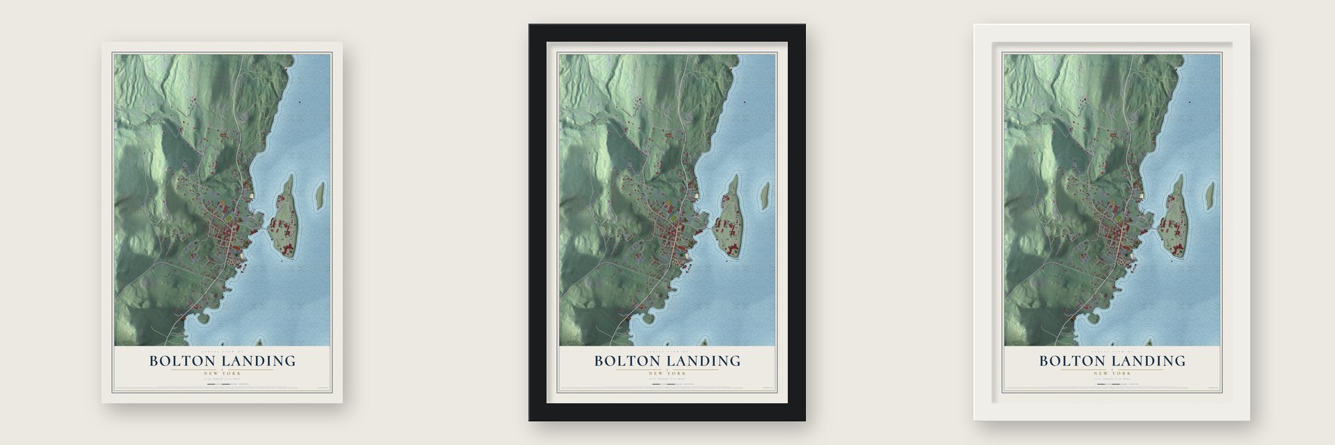 Bolton Landing, New York map unframed, in a black wood frame and in a white wood frame