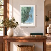 Bolton Landing, New York map, 12 x 18 inch print in a white frame in an entryway
