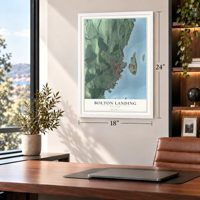 Bolton Landing, New York map, 18 x 24 inch print in a white frame in a home office