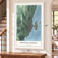 Bolton Landing, New York map, 24 x 36 inch print in a white frame by a staircase