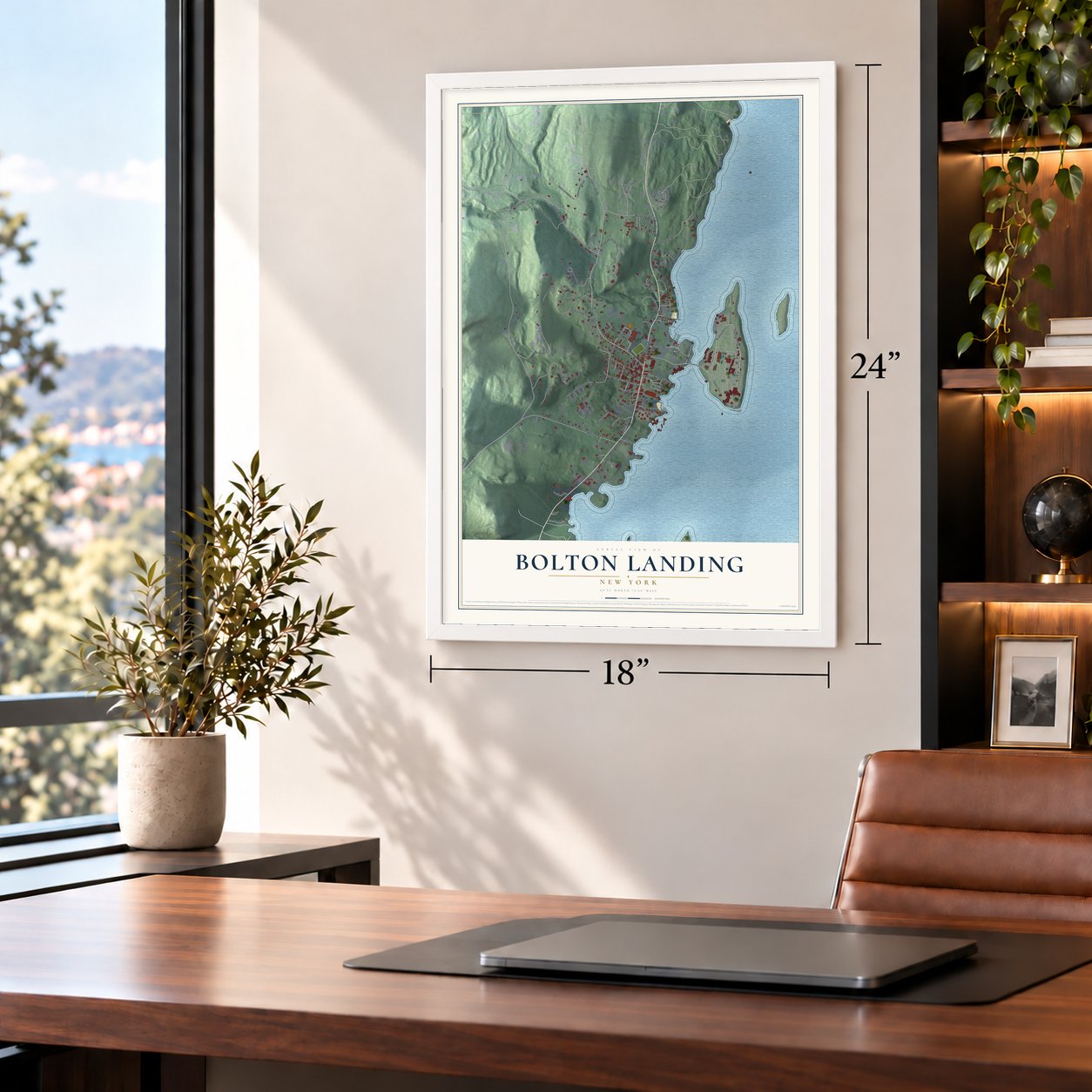 Bolton Landing, New York map, 18 x 24 inch print in a white frame in a home office