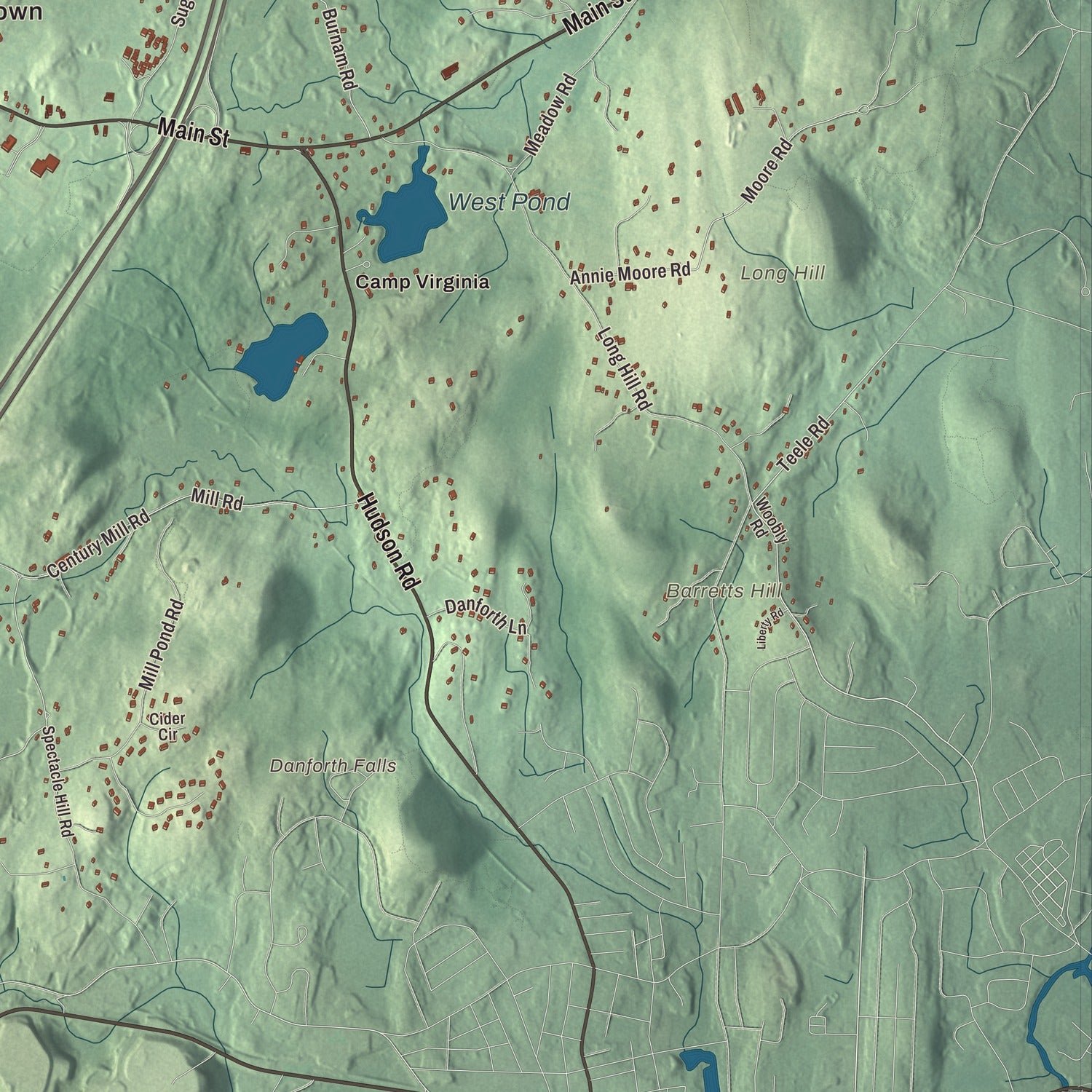 Close-up of the map of Bolton, Massachusetts print showing terrain and local geography
