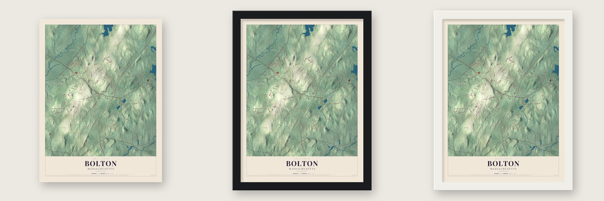 Bolton, Massachusetts map unframed, in a black wood frame and in a white wood frame