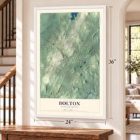 Bolton, Massachusetts map, 24 x 36 inch print in a white frame by a staircase