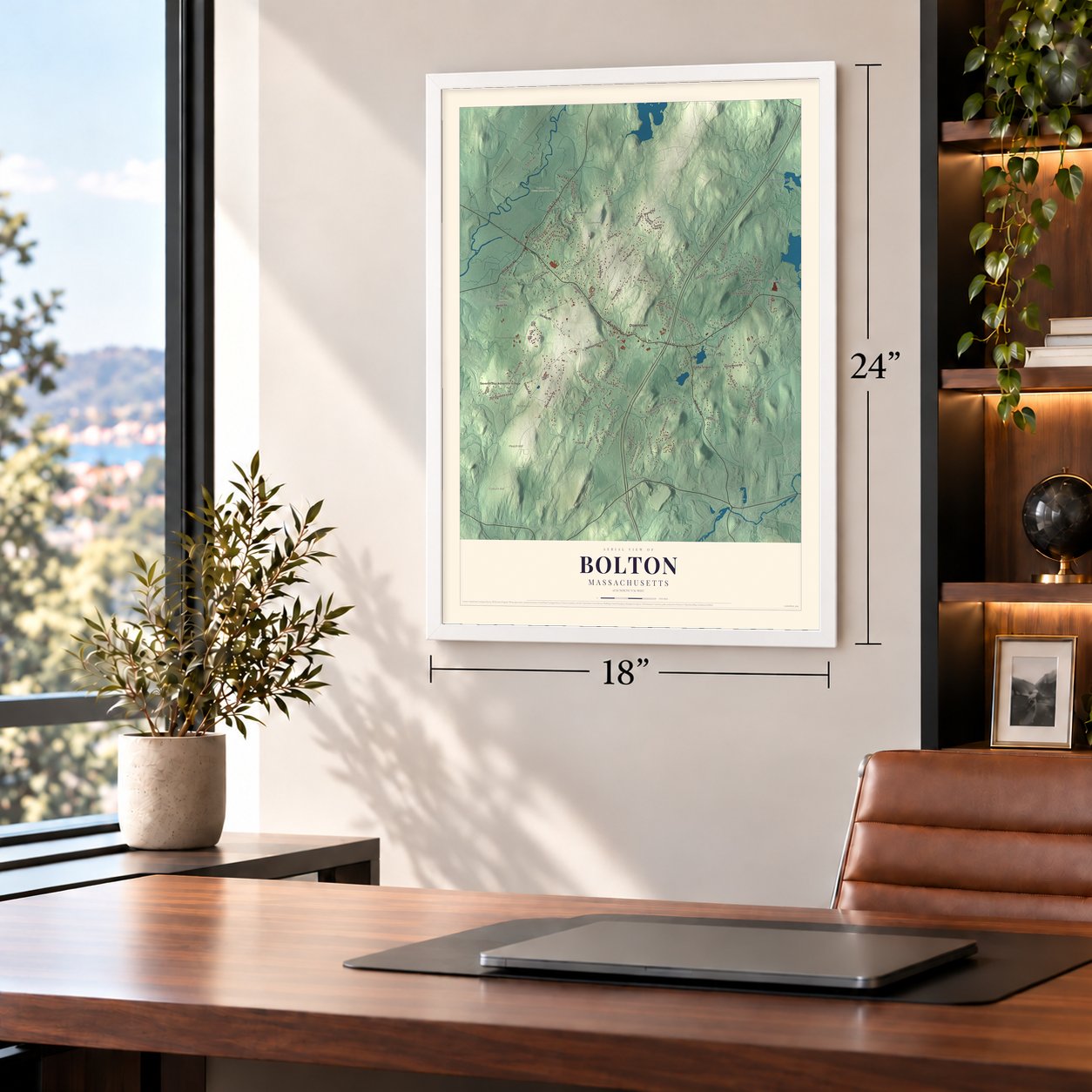Bolton, Massachusetts map, 18 x 24 inch print in a white frame in a home office