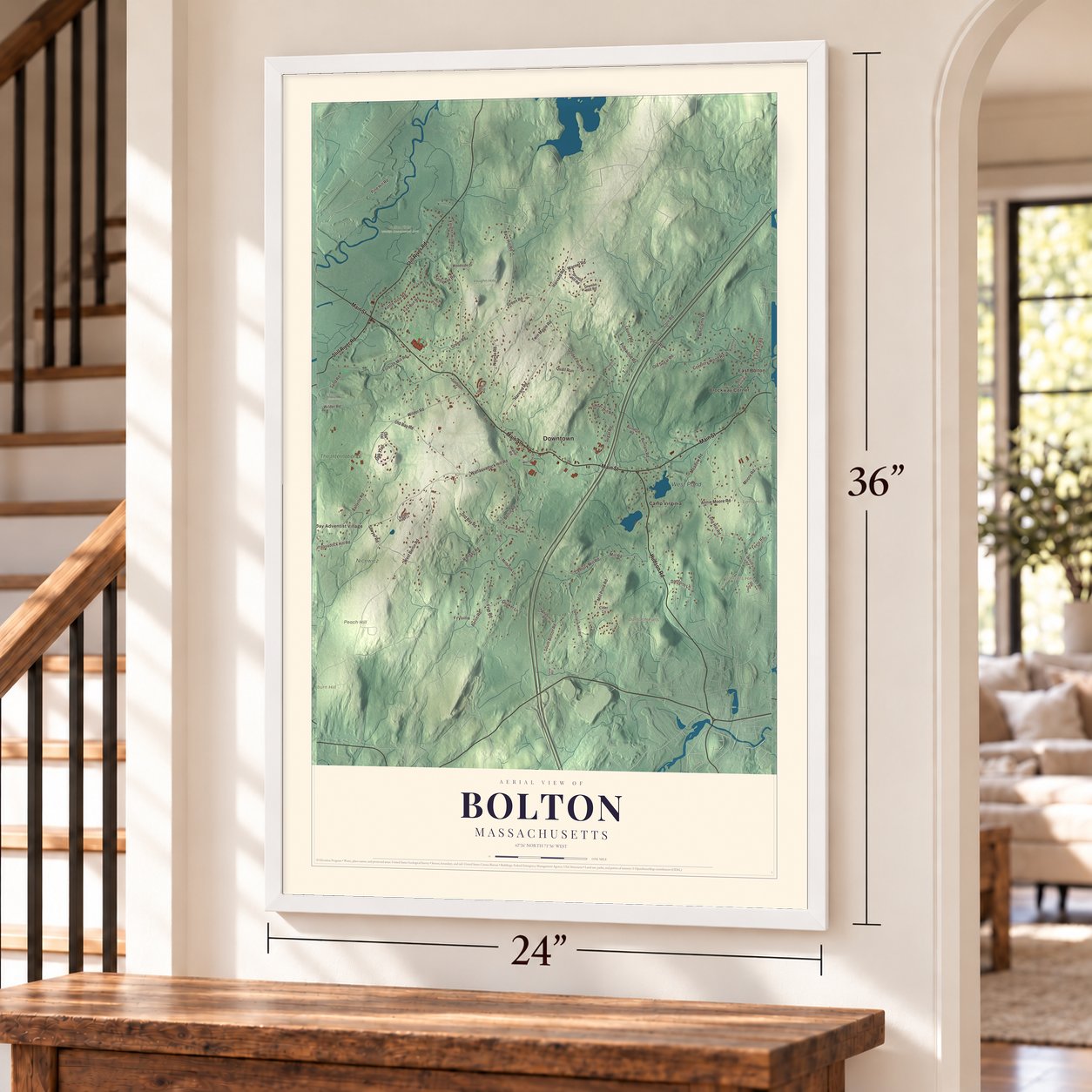 Bolton, Massachusetts map, 24 x 36 inch print in a white frame by a staircase