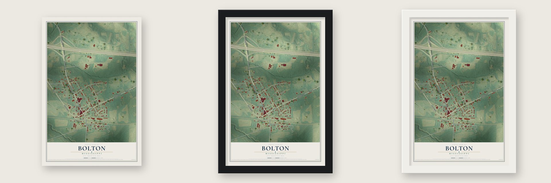 Bolton, Mississippi map unframed, in a black wood frame and in a white wood frame