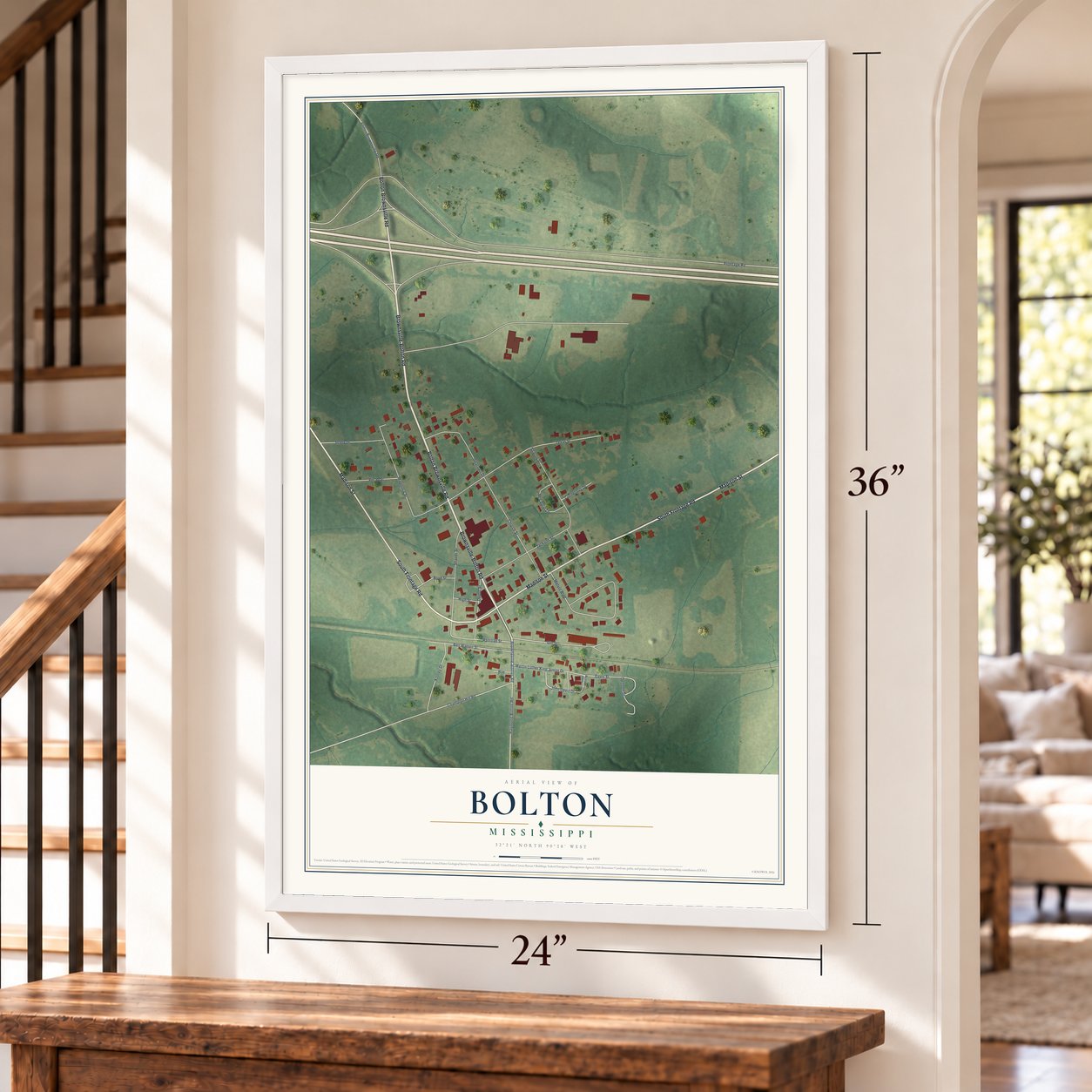 Bolton, Mississippi map, 24 x 36 inch print in a white frame by a staircase