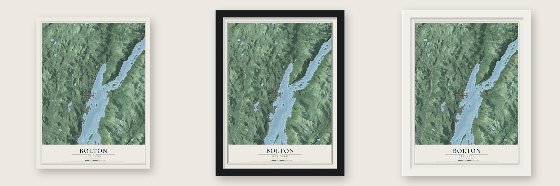Bolton, New York map unframed, in a black wood frame and in a white wood frame