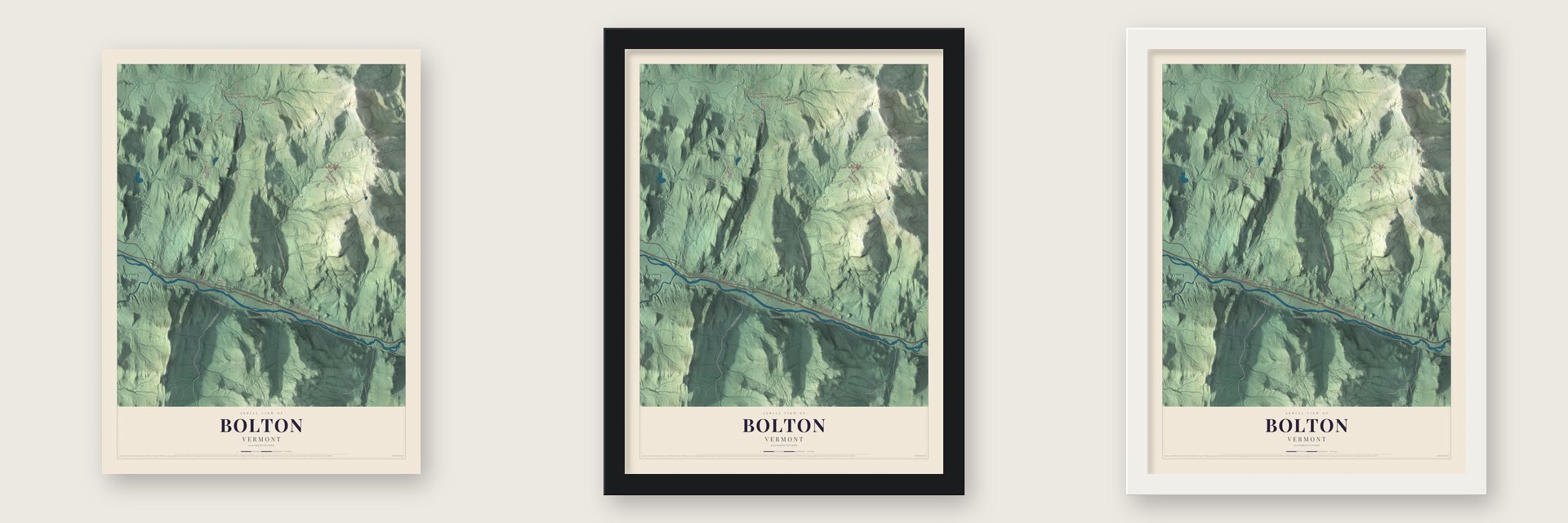Bolton, Vermont map unframed, in a black wood frame and in a white wood frame