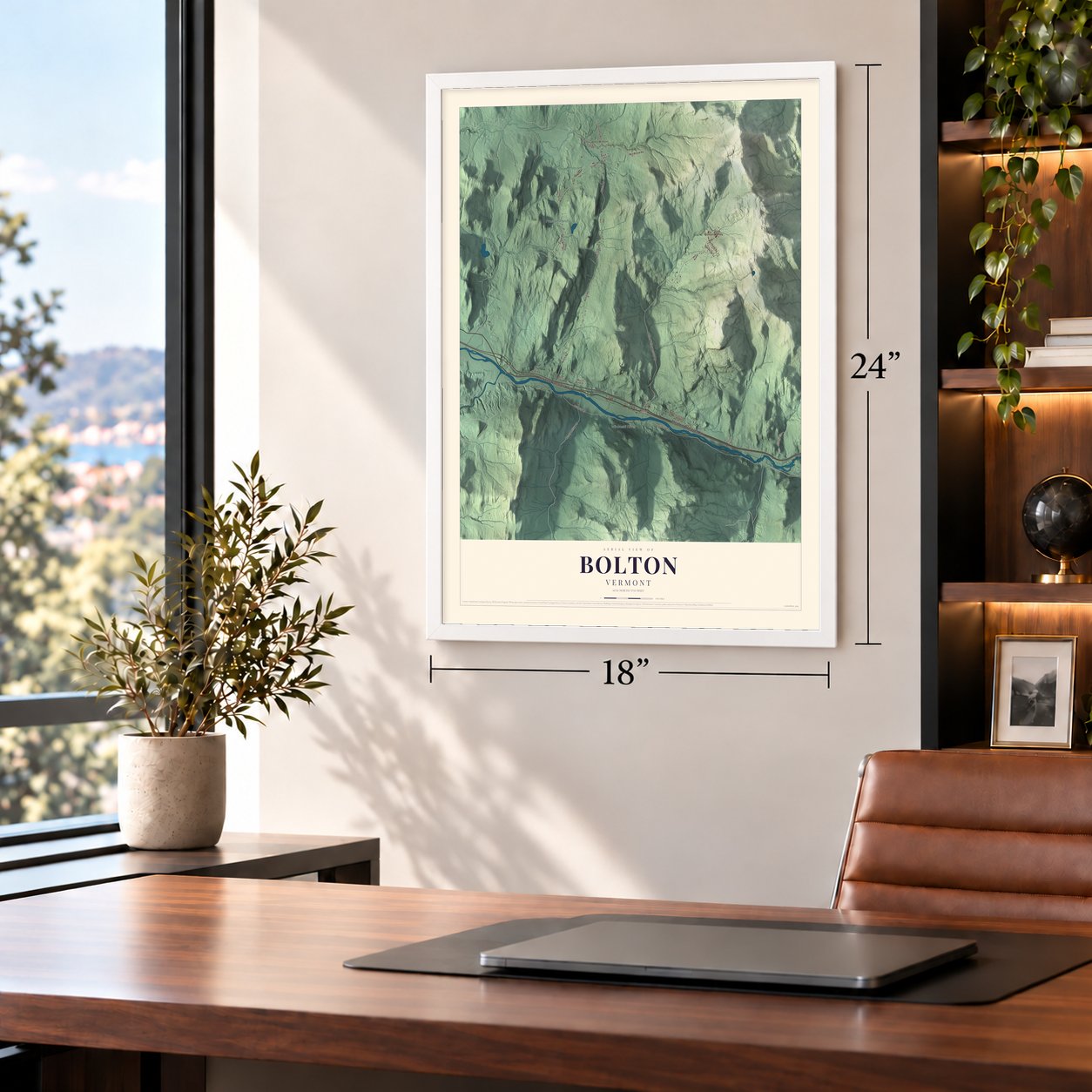 Bolton, Vermont map, 18 x 24 inch print in a white frame in a home office