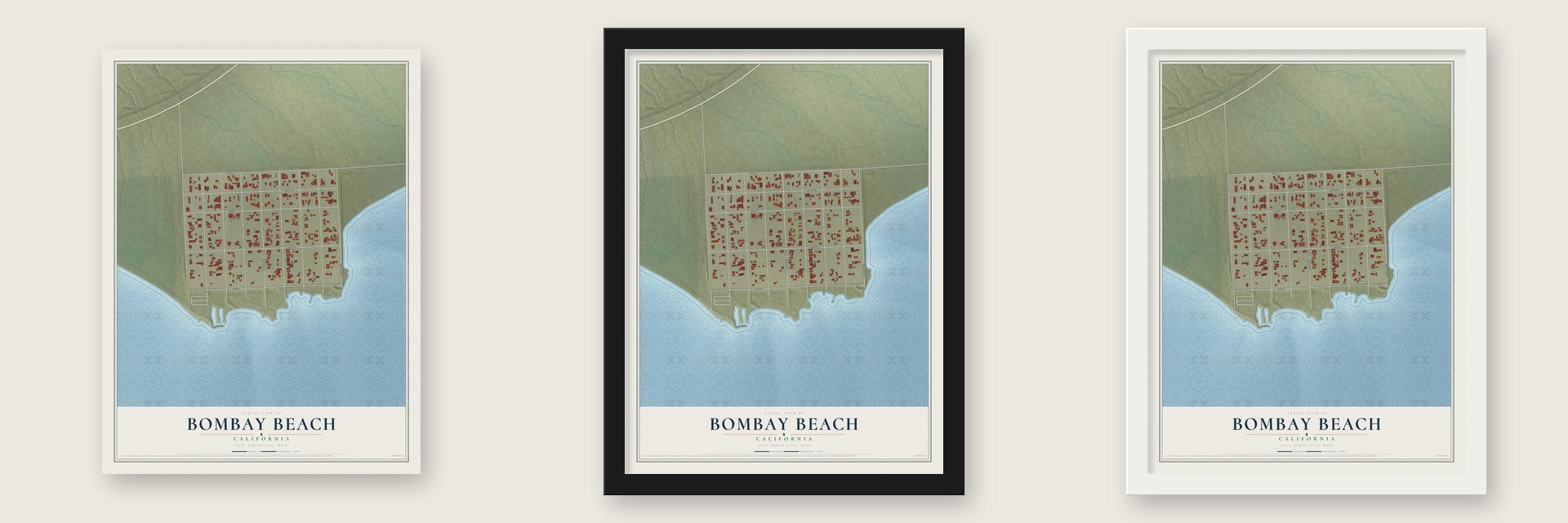 Bombay Beach, California map unframed, in a black wood frame and in a white wood frame