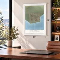 Bombay Beach, California map, 18 x 24 inch print in a white frame in a home office