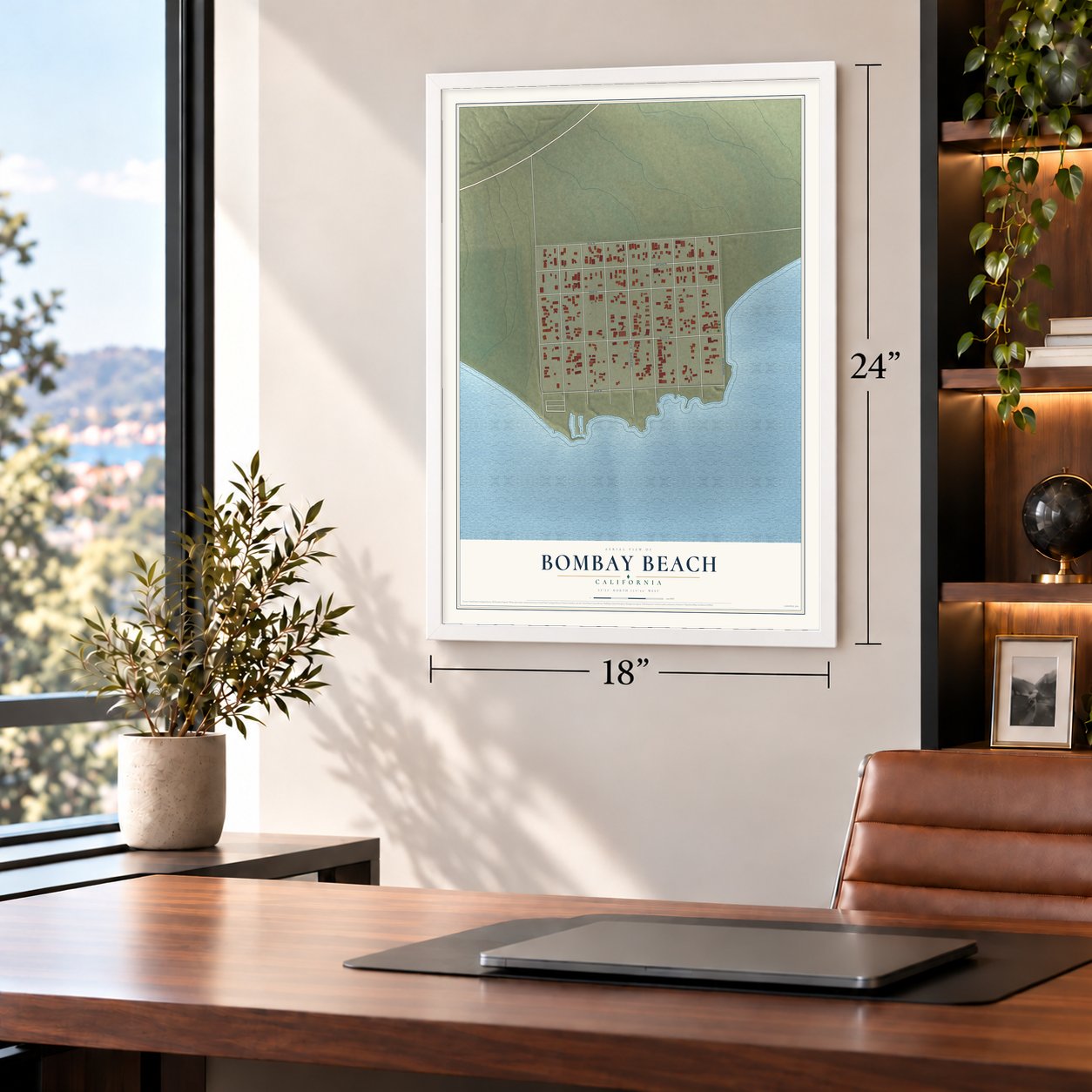 Bombay Beach, California map, 18 x 24 inch print in a white frame in a home office