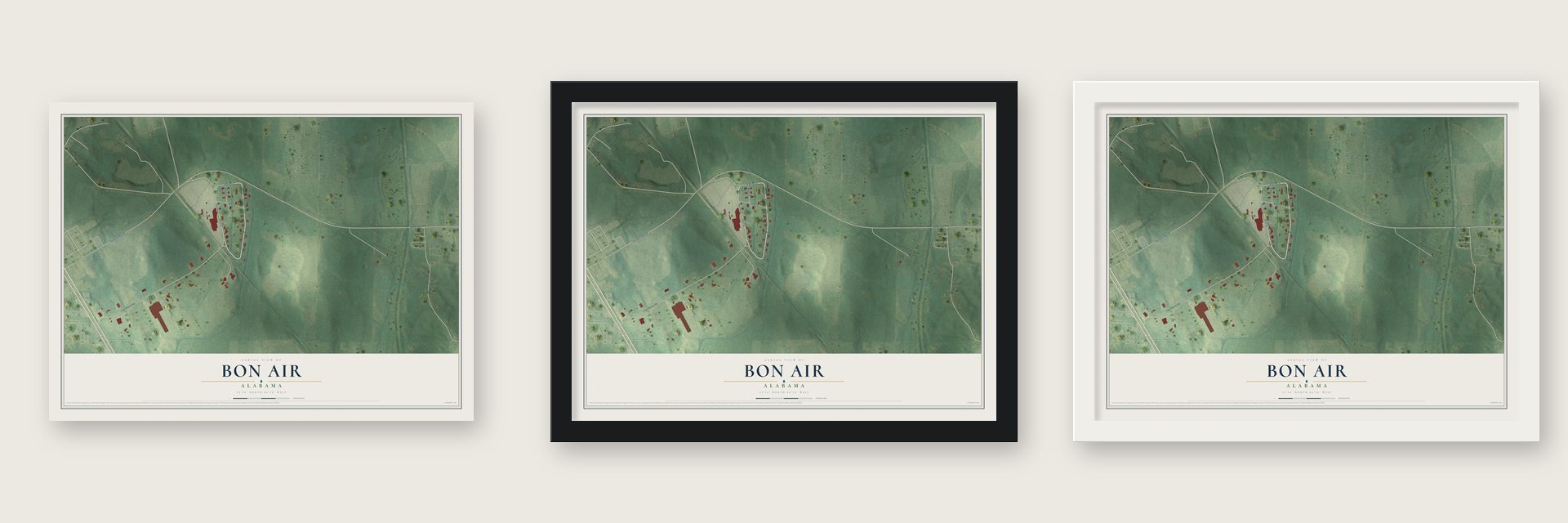 Bon Air, Alabama map unframed, in a black wood frame and in a white wood frame