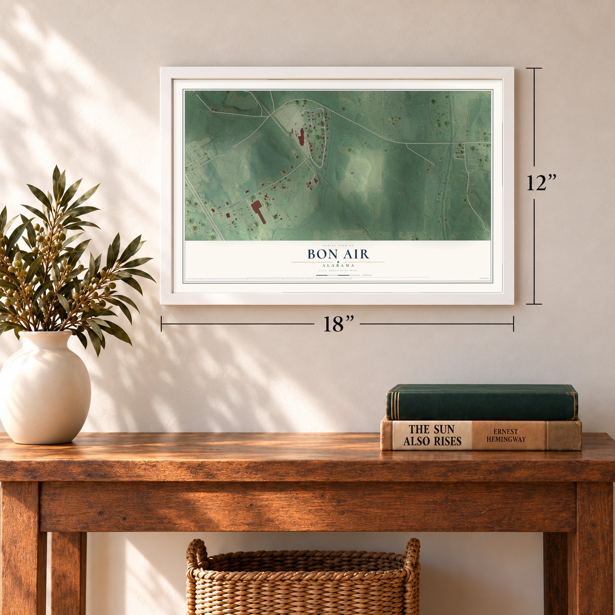 Bon Air, Alabama map, 12 x 18 inch print in a white frame in an entryway