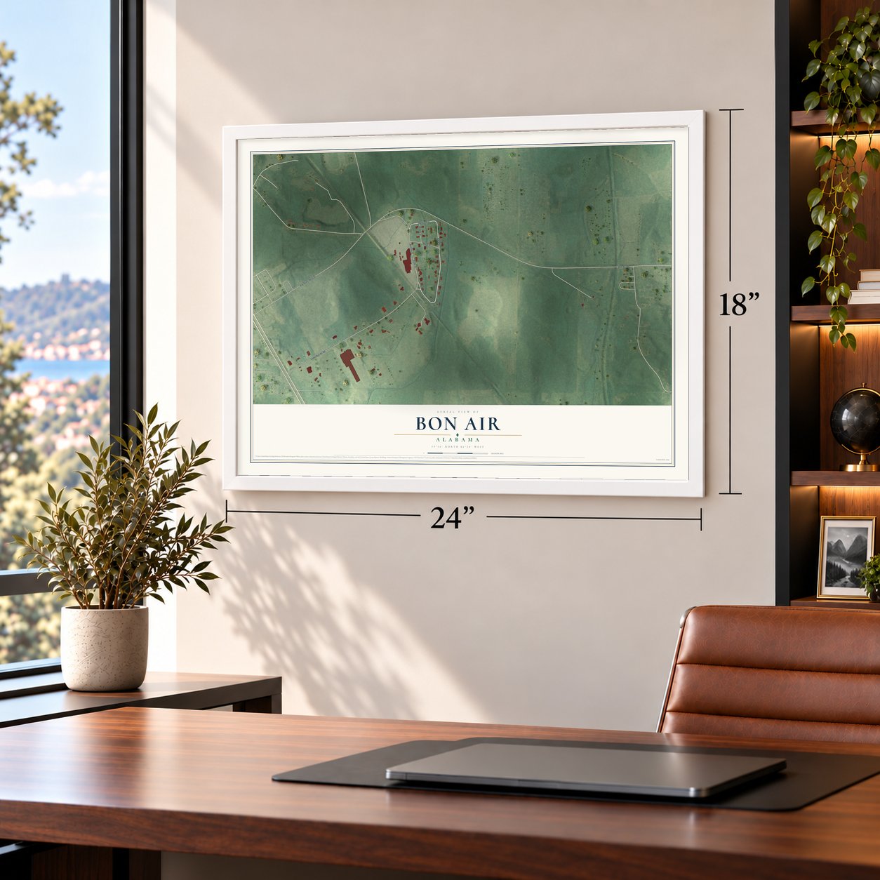 Bon Air, Alabama map, 18 x 24 inch print in a white frame in a home office