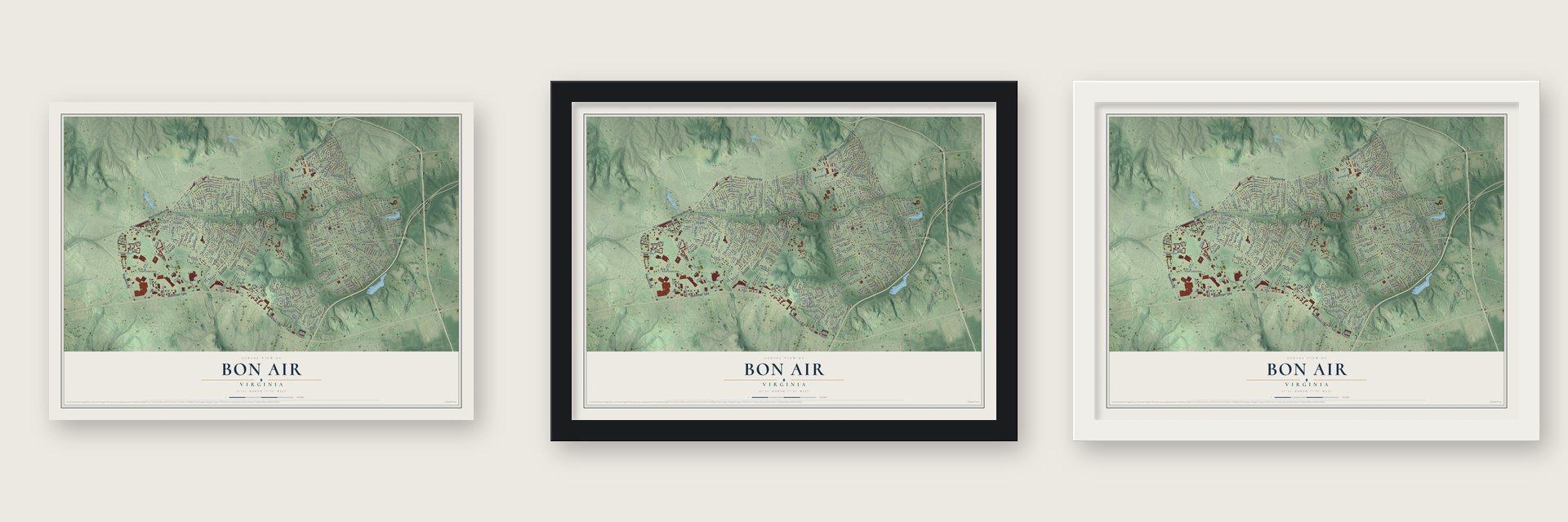 Bon Air, Virginia map unframed, in a black wood frame and in a white wood frame