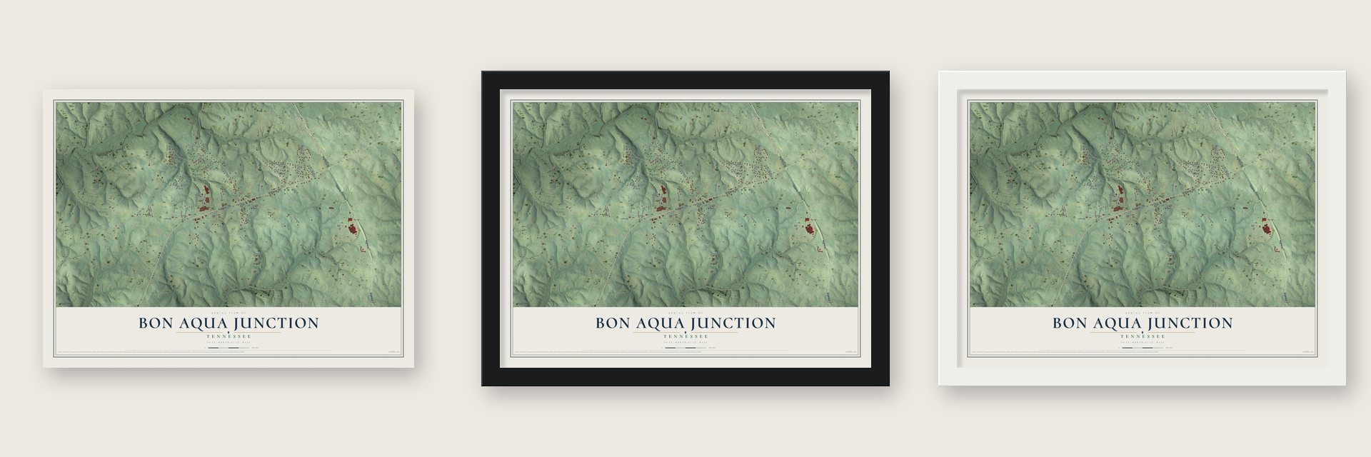 Bon Aqua Junction, Tennessee map unframed, in a black wood frame and in a white wood frame