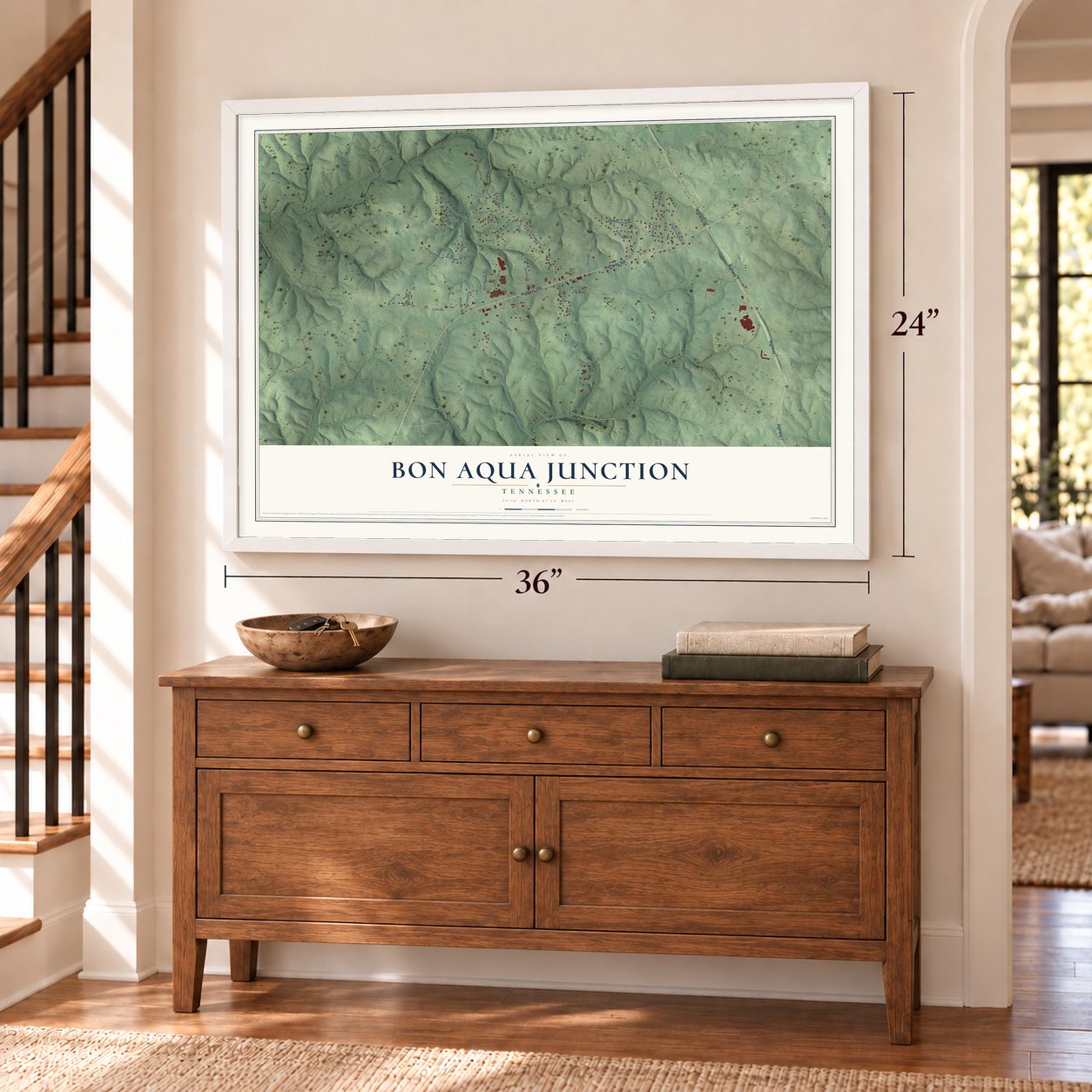 Bon Aqua Junction, Tennessee map, 24 x 36 inch print in a white frame above a dresser by a staircase