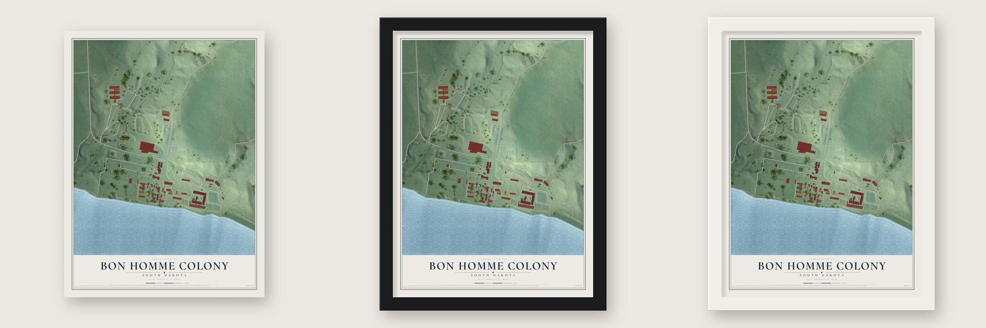 Bon Homme Colony, South Dakota map unframed, in a black wood frame and in a white wood frame
