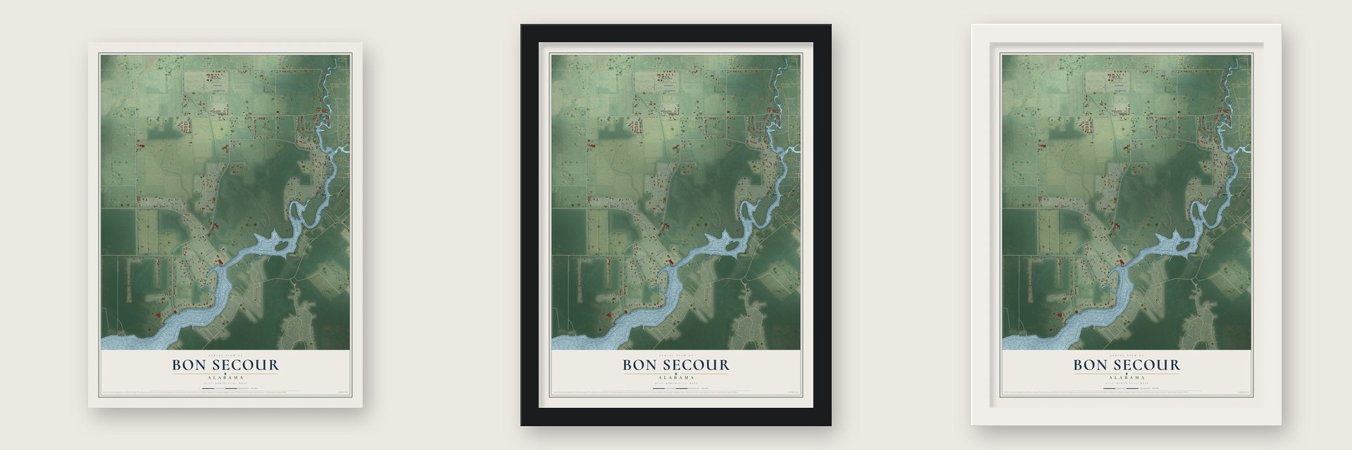 Bon Secour, Alabama map unframed, in a black wood frame and in a white wood frame