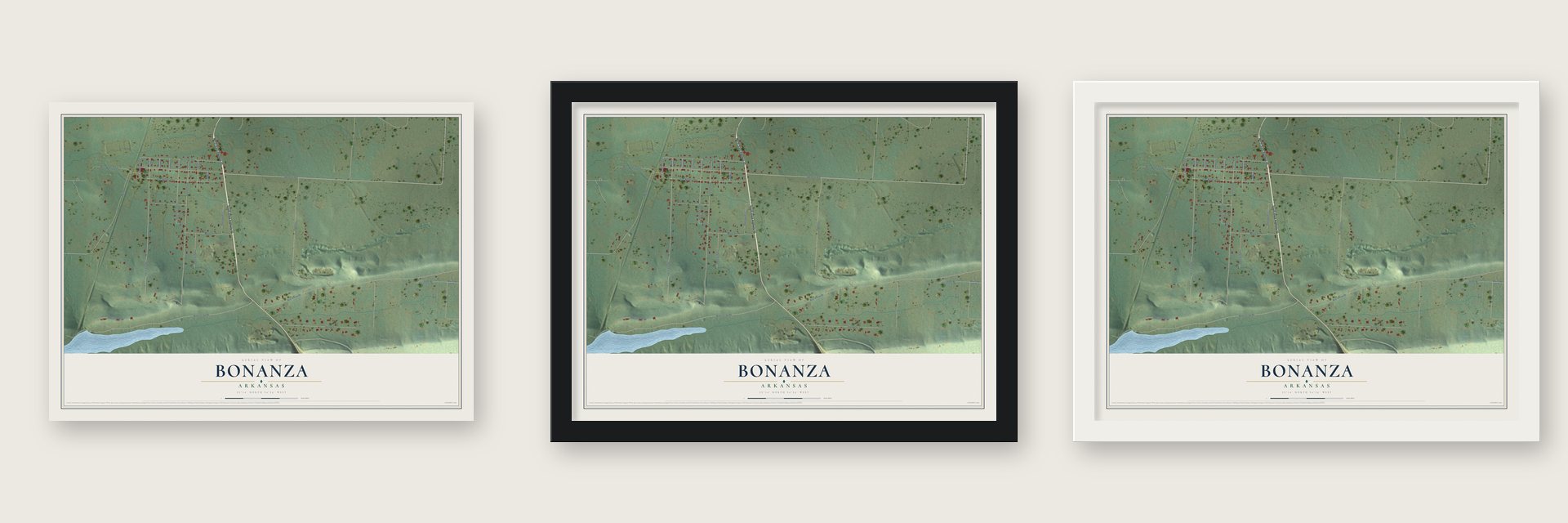 Bonanza, Arkansas map unframed, in a black wood frame and in a white wood frame