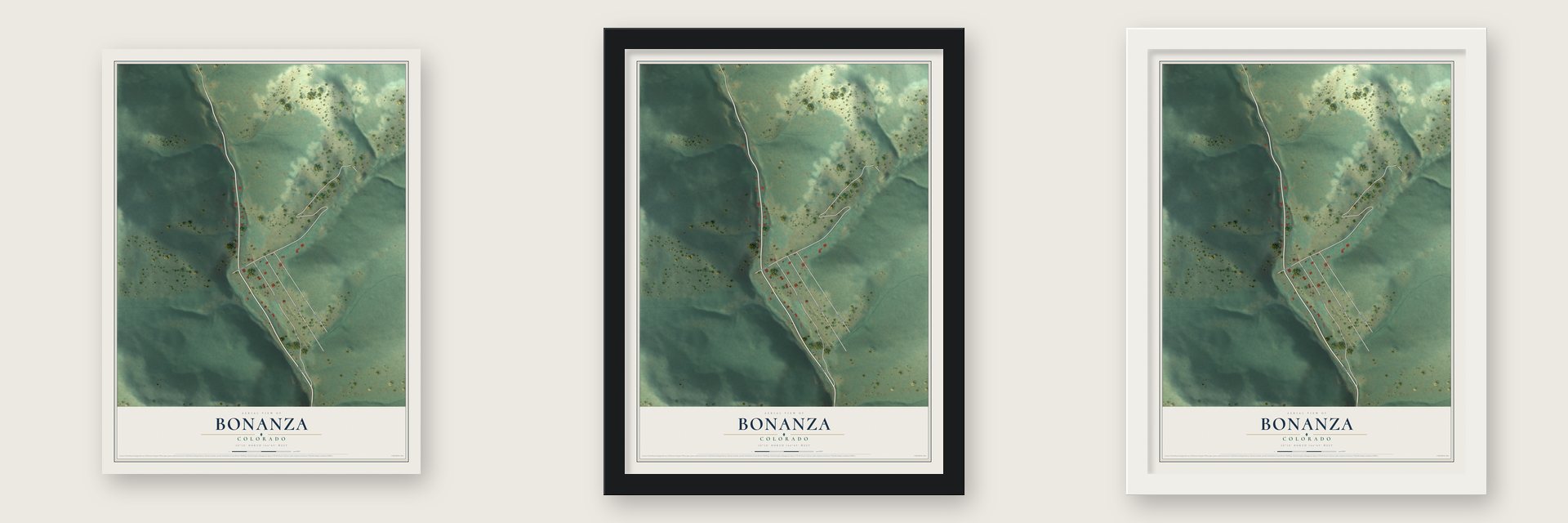 Bonanza, Colorado map unframed, in a black wood frame and in a white wood frame