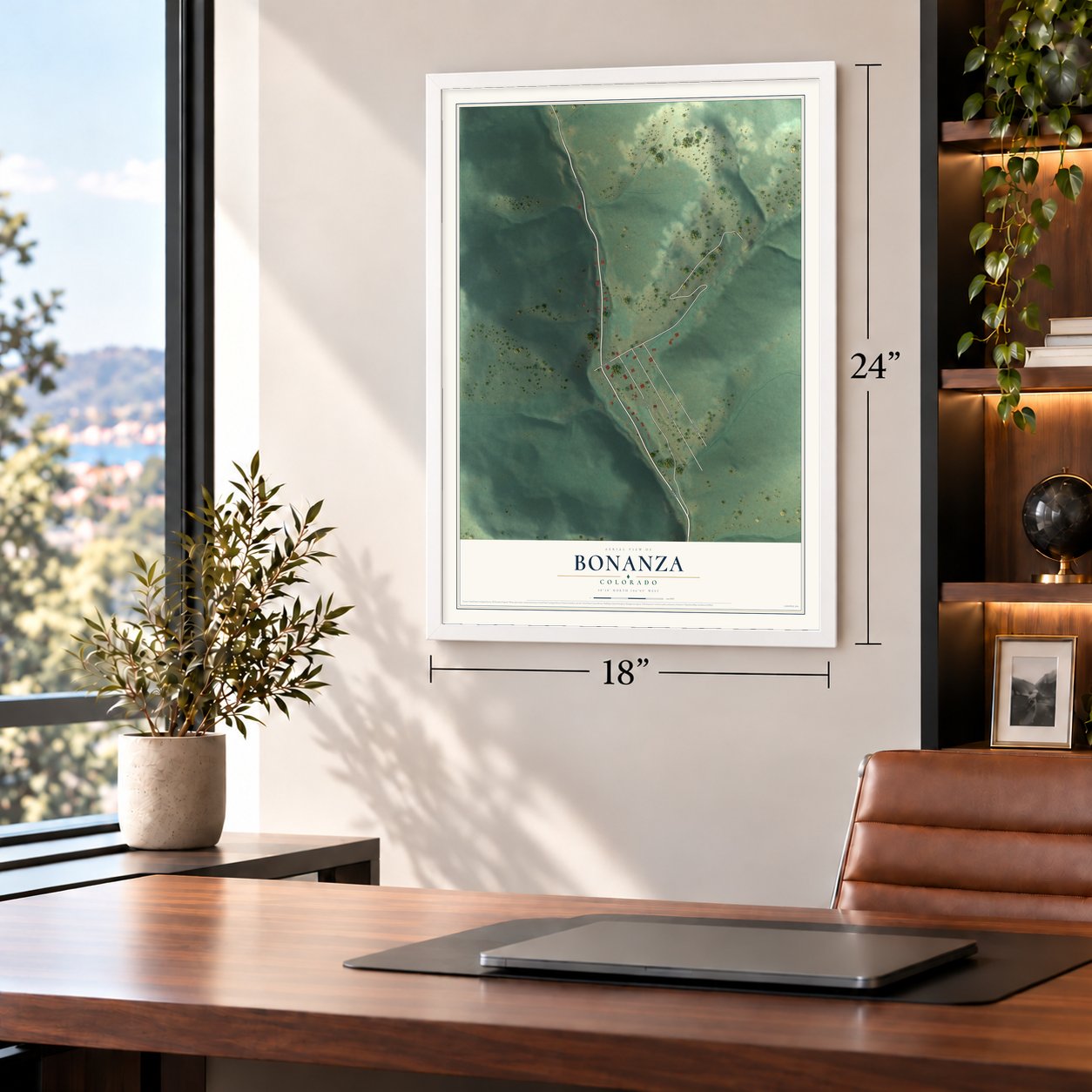 Bonanza, Colorado map, 18 x 24 inch print in a white frame in a home office