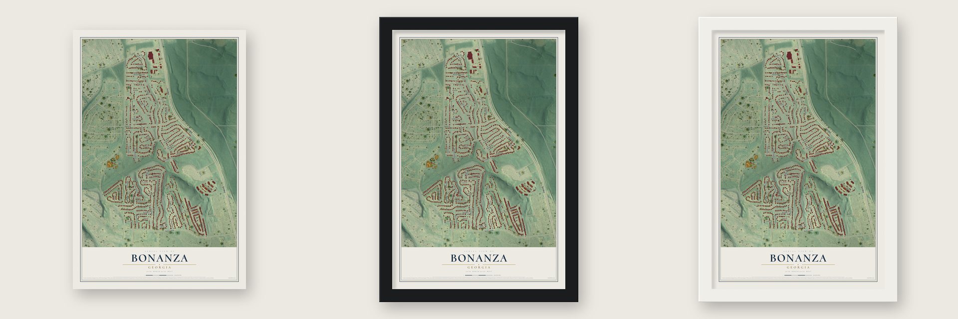 Bonanza, Georgia map unframed, in a black wood frame and in a white wood frame