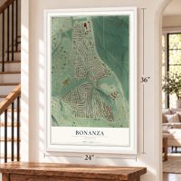 Bonanza, Georgia map, 24 x 36 inch print in a white frame by a staircase