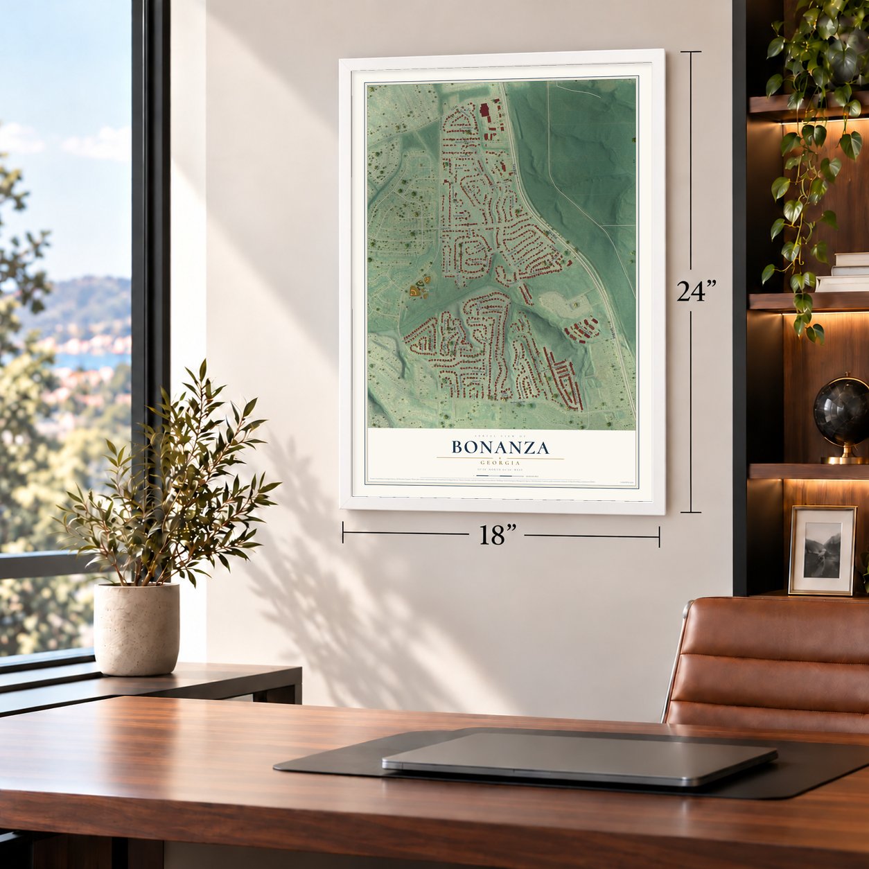 Bonanza, Georgia map, 18 x 24 inch print in a white frame in a home office