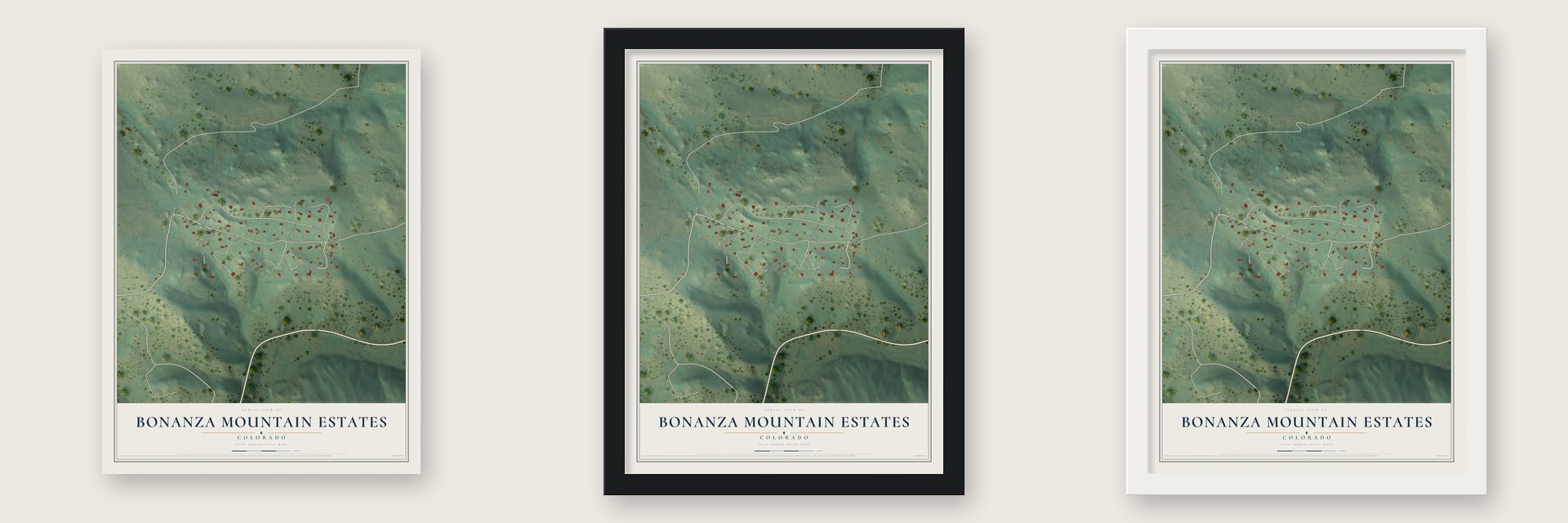 Bonanza Mountain Estates, Colorado map unframed, in a black wood frame and in a white wood frame