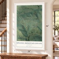 Bonanza Mountain Estates, Colorado map, 24 x 36 inch print in a white frame by a staircase