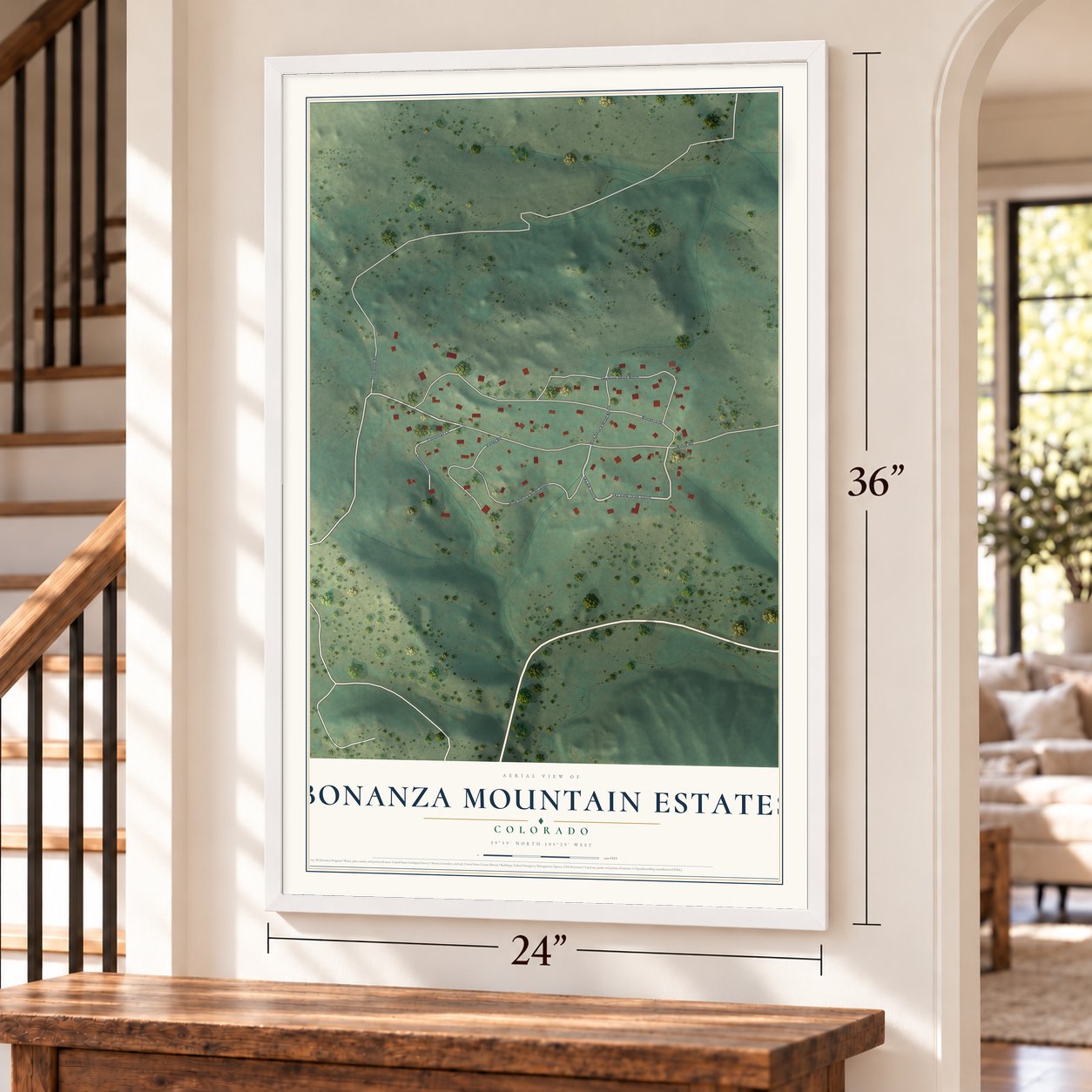 Bonanza Mountain Estates, Colorado map, 24 x 36 inch print in a white frame by a staircase
